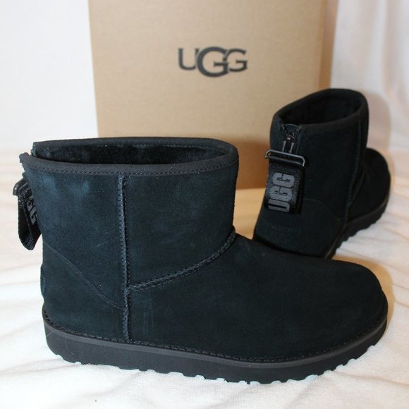 NIB UGG WOMEN'S MINI ZIP LOGO SUEDE‎ SHEARLING BOOTS BLACK - Picture 4 of 11